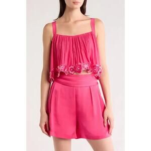 Ramy Brook Elizabeth Floral Lace Trim Applique Crop Swing Tank Top Pink Punch XL